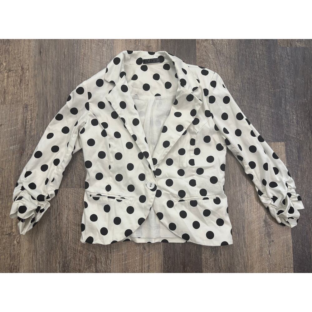 Love Culture‎ Polka Dot Blazer White Black Ruched Sleeve J93573-CS030 Womens M
